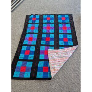 Vintage Handmade Patchwork Quilt Full Blanket Hand Ties Black Blue Bright 52x68”
